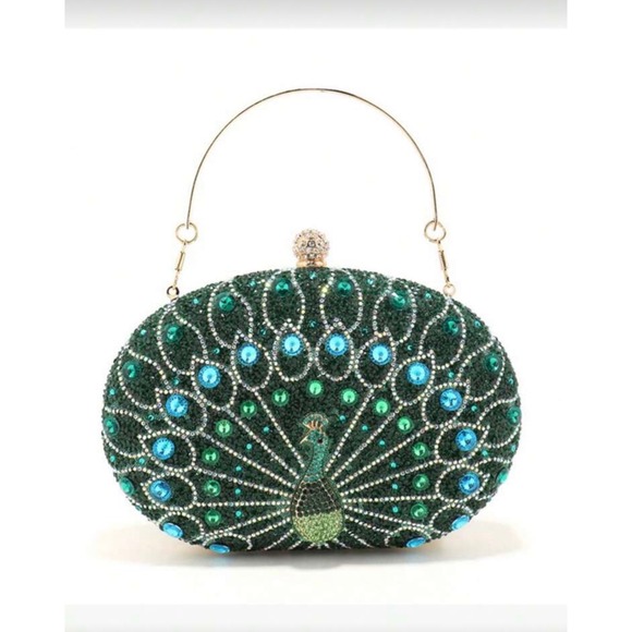 Green Peacock Crystal Evening Clutch Bag Rhinestone Wedding Party Minaudiere